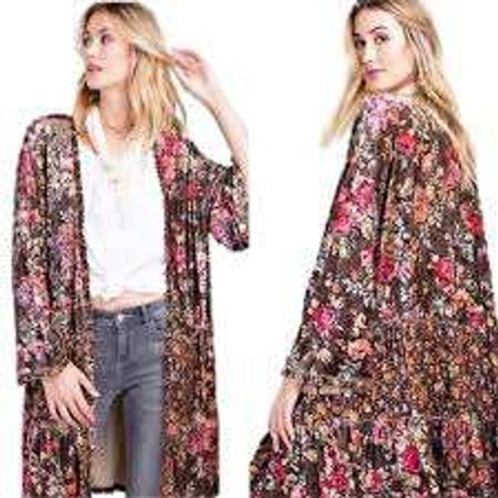 Easel Los Angeles Velvet Floral Tiered Ruffle Kimono Cardigan Jacket M
